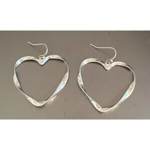 Vintage Silver Tone Heart Hoop Dangle Earrings Twisted Hammered Hook 2" Estate